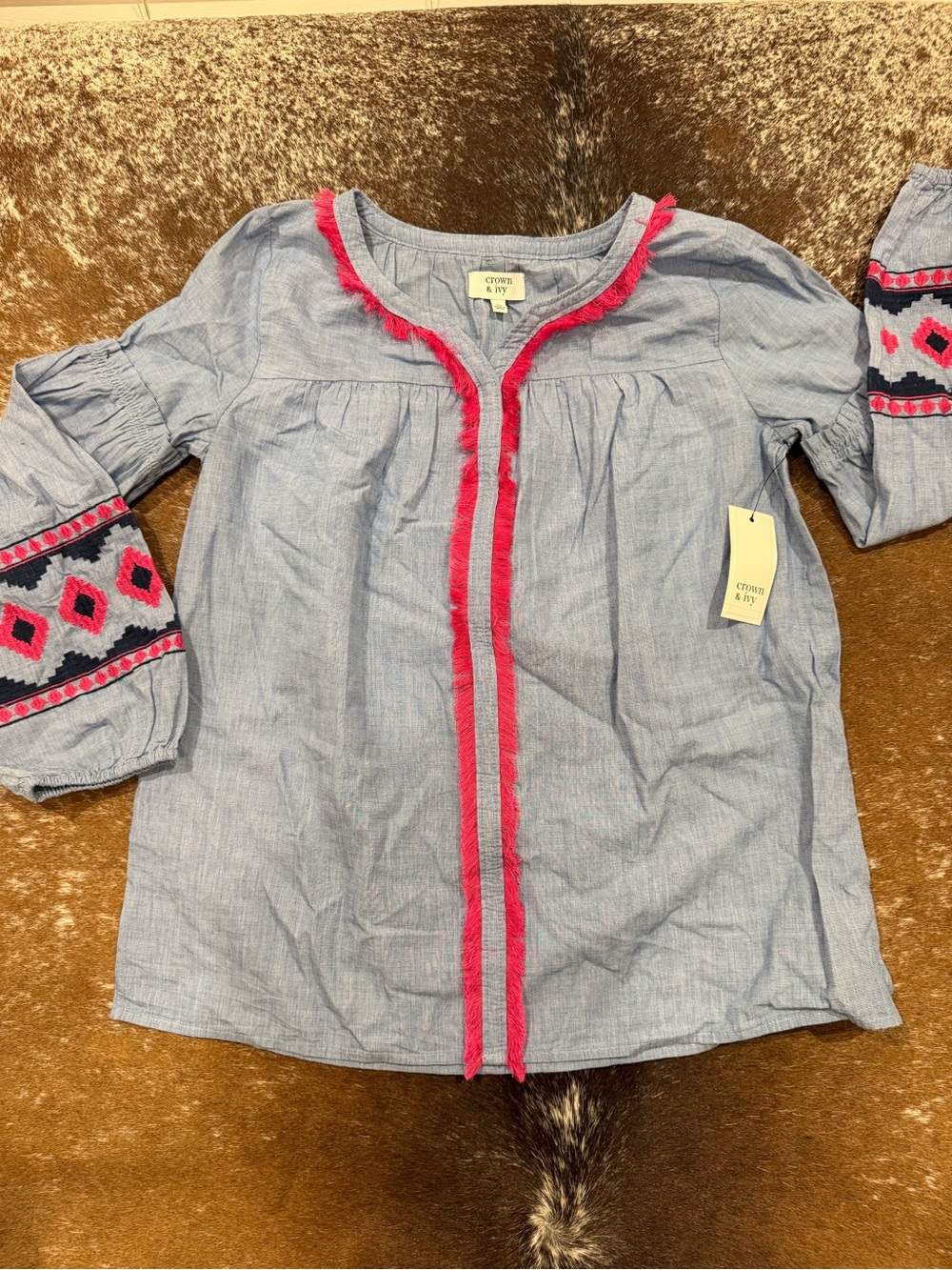 NWT Crown & Ivy Chambray Embroidered Fringe Peasant Tunic XL